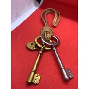 JUMBO Fossil Skeleton Key Bag Charm Leather Strap Brass Silver Tone KEY